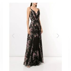 Marchesa Notte Floral Pleated Chiffon Dress